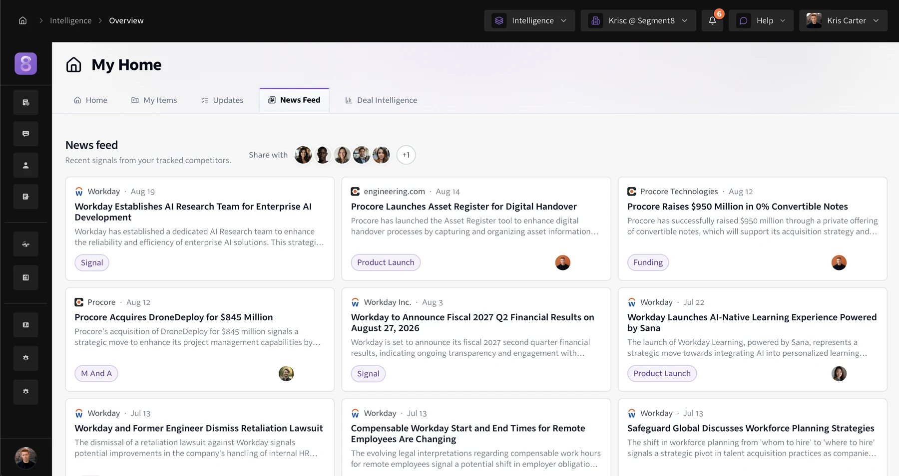 Segment8 News Feed showing sourced competitor Signals and workspace contacts for sharing
