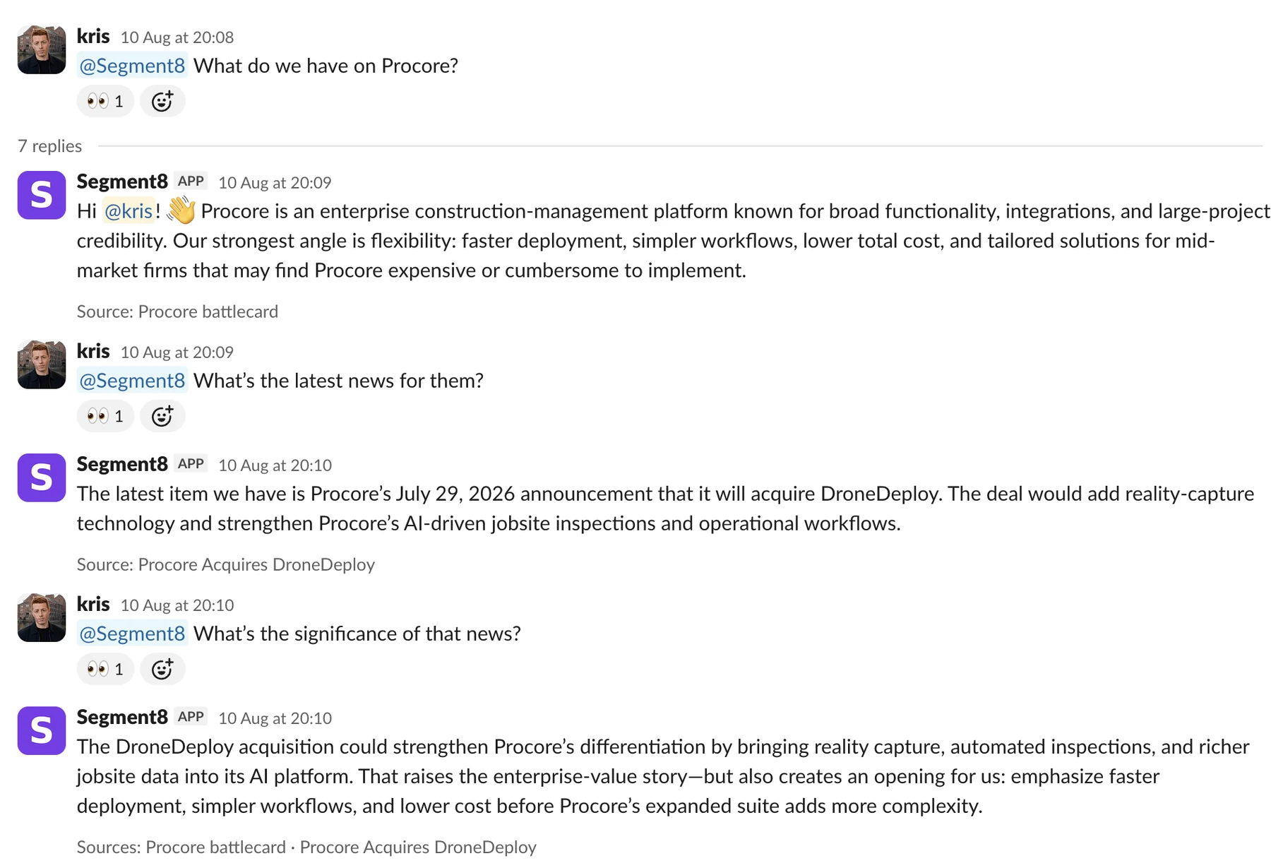 Segment8 Slack conversation answering competitive questions with battlecard and source citations