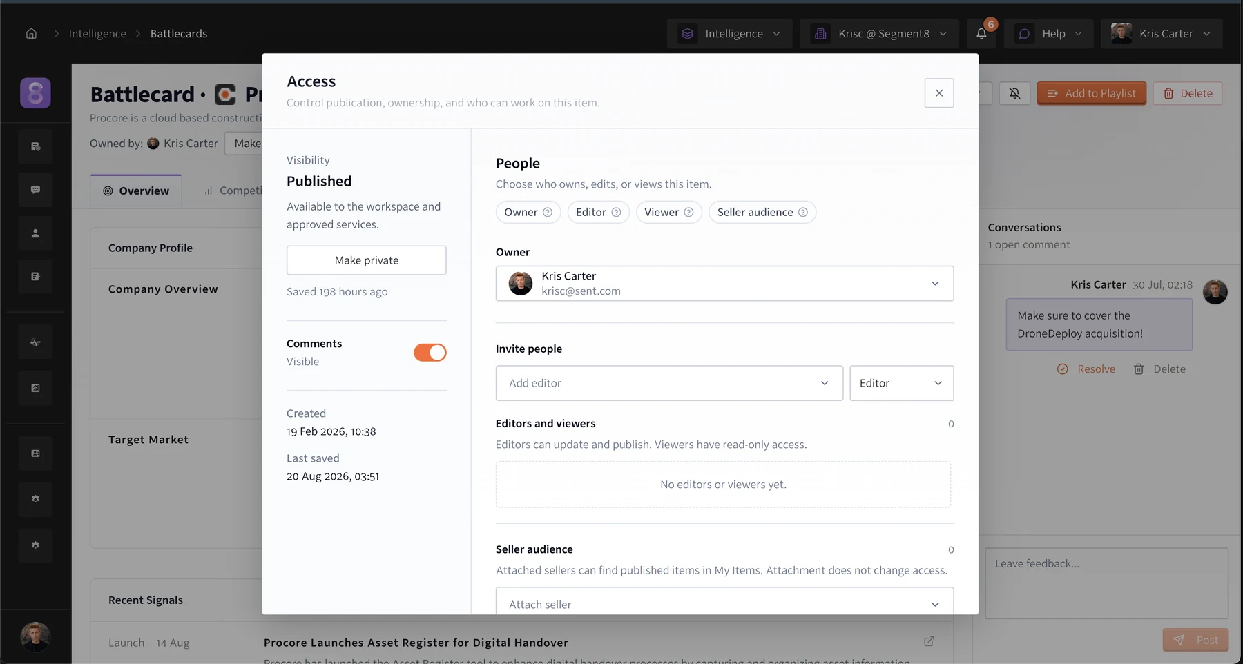 Segment8 battlecard controls showing the owner, people who can edit it and the seller audience