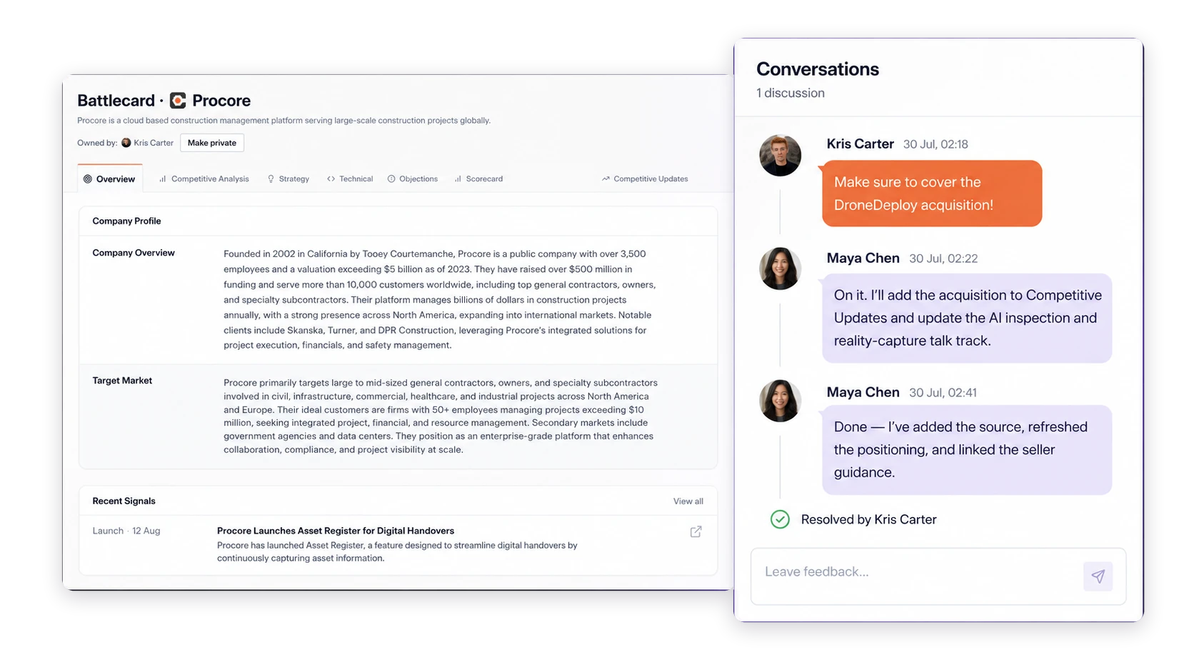 Segment8 battlecard with a resolved Product Marketing conversation